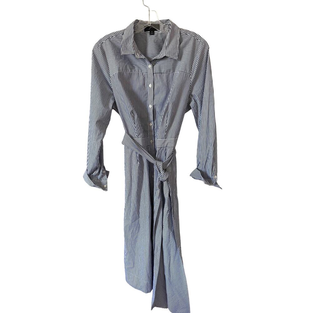 J. Crew Tie Waist Shirt Knee Length Dress Striped Navy Blue White Size 12